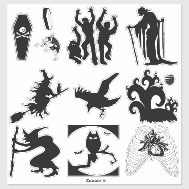 Sticker Halloween Silhouette sorcières Coffins Zombies Cro (Feuille)