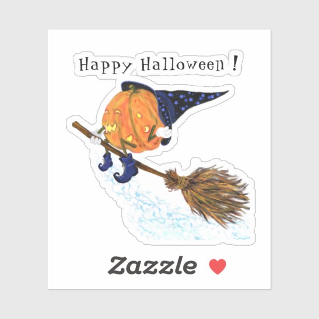 Sticker Halloween Sorcière Citrouille Volant Broom (Feuille)