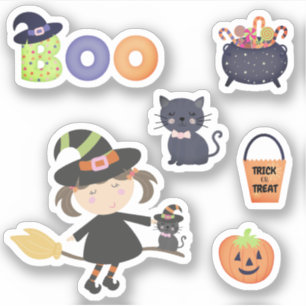 Sticker Halloween Watercolor Sorcière Boo Citrouille chat