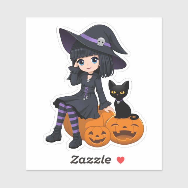 Sticker Halloween Witch, Black Cat, and Curved Pumpkins (Feuille)