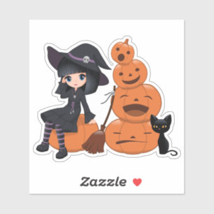 Sticker Halloween Witch, Chat noir et Citrouille