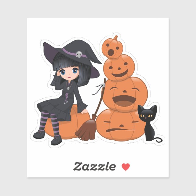 Sticker Halloween Witch, Chat noir et Citrouille (Feuille)