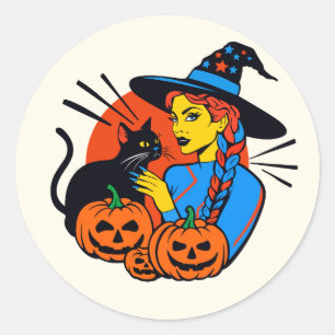 Sticker Halloween witch with a cat
