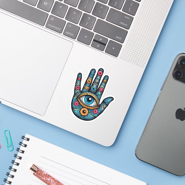 Sticker Hamsa Main avec illustration d'art visuel (Ordinateur portable avec iPhone)