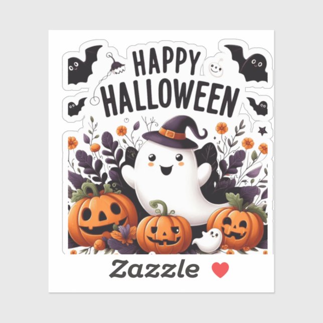 Sticker Happy Halloween Ghost et Citrouille Fun Art Tee (Feuille)