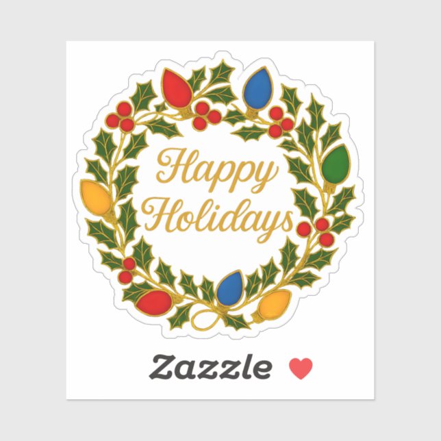 Sticker Happy Holidays Wreath Christmas Lights and Holly (Feuille)