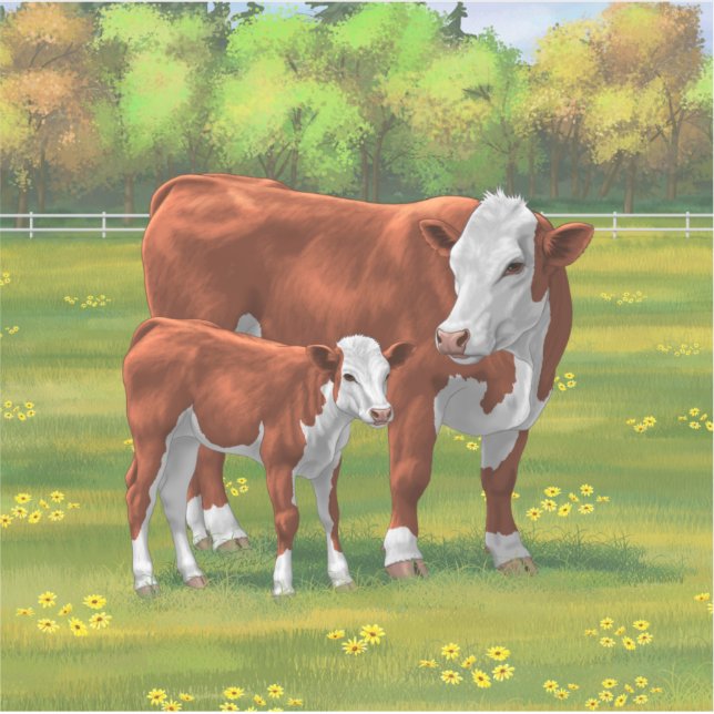 Sticker Hereford Cow & Cute Calf dans les pâturages d'été (Devant)