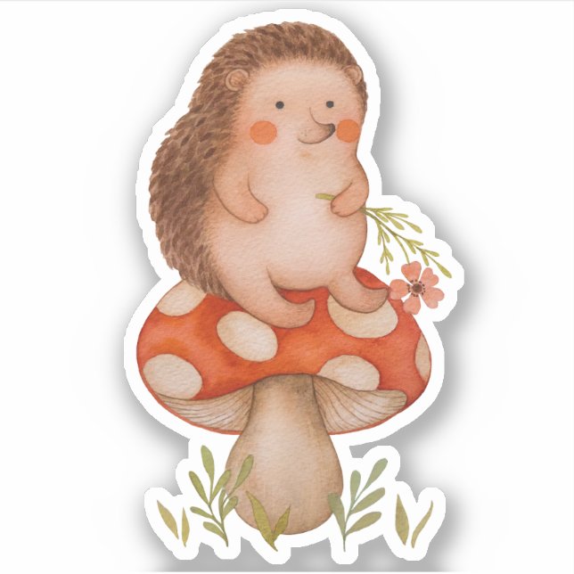 Sticker Hérisson À L'Aquarelle Sur Un Champignons (Devant)