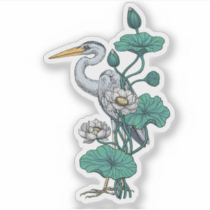 Sticker Héron dans le jardin de lotus blanc sur jade