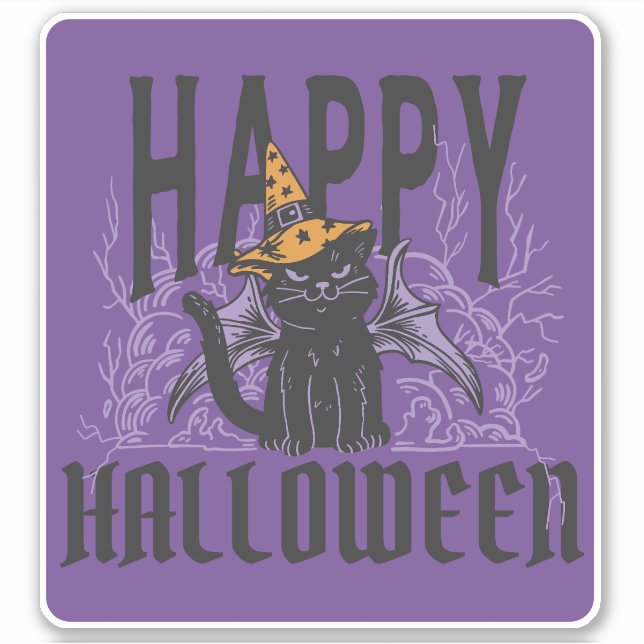 STICKER HEUREUX HALLOWEEN CHAT NOIR AVIONS (Devant)