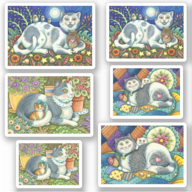 STICKER HIBOUX ET CHATS, ART FOLKORIQUE RURAL CHATONS AUTO (Devant)