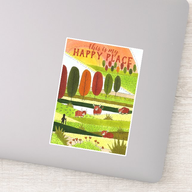 Sticker Highland Cow Fields Art C'est mon Happy Place (Détail)