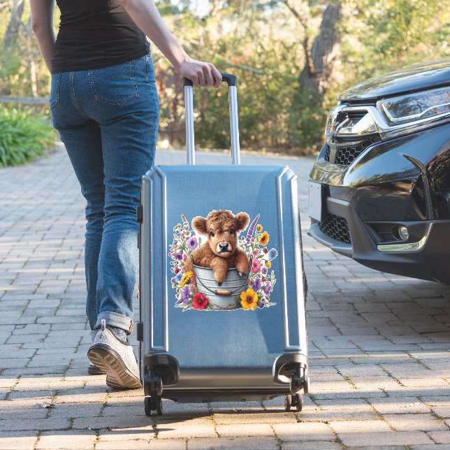 Sticker Highland Cow in Flower Bucket Png, Cute (Valise Insitu)