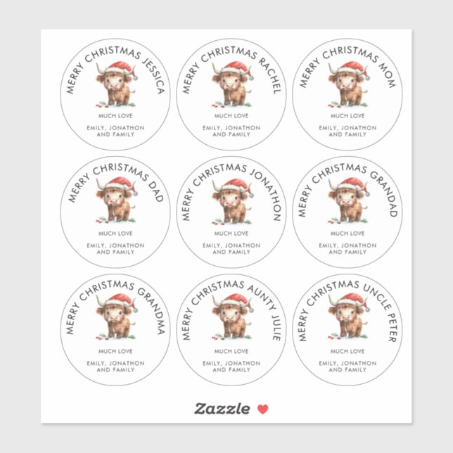 Sticker Highland Cow Nom individuel Joyeux Noël (Feuille)