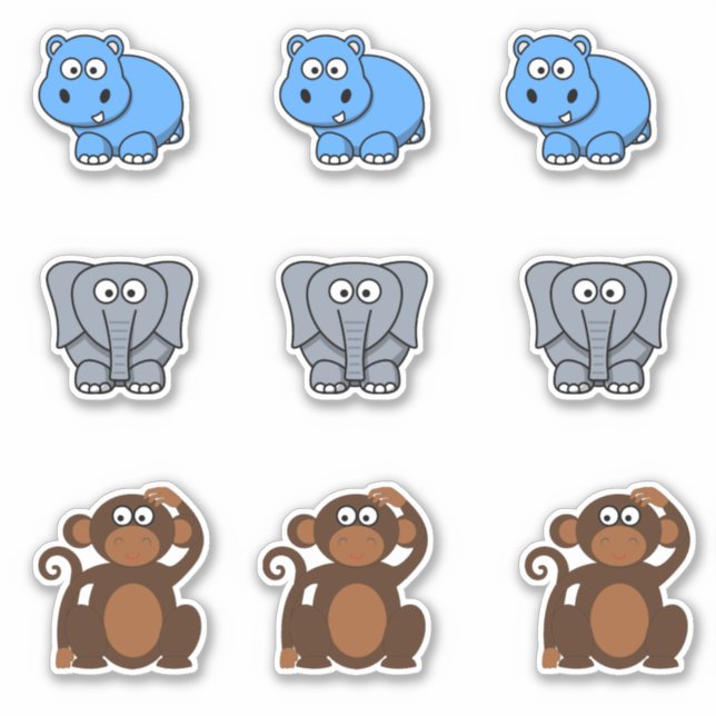 Sticker Hippo animal sauvage, éléphant, dessin animé singe (Devant)