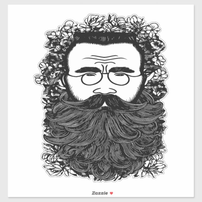 Sticker Homme Whimsical Beard Mustache Fleurs Art (Feuille)