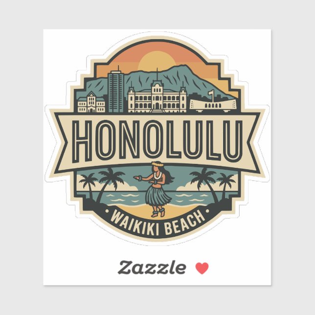 Sticker Honolulu Hawaii Skyline Beach Travel Badge (Feuille)