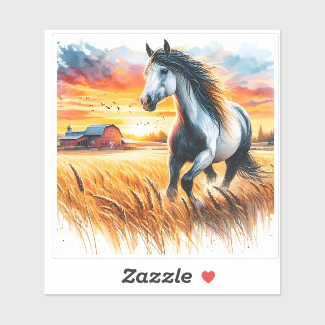 Sticker Horse Prancing in a Golden Field (Feuille)