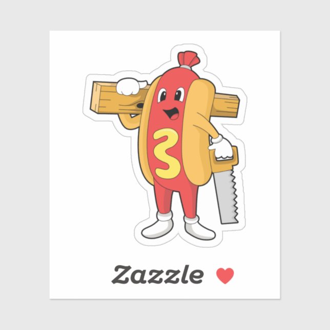 Sticker Hotdog as Carpenter with Saw & Wood (Feuille)