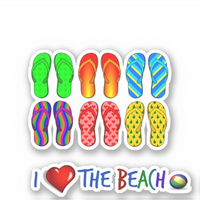 Sticker I Love the Beach, tongs colorés (Devant)