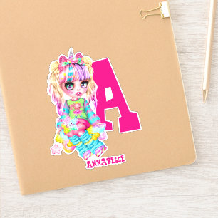 Sticker I Love Unicorns Kawaii Chibi Girl Nommé Cadeau