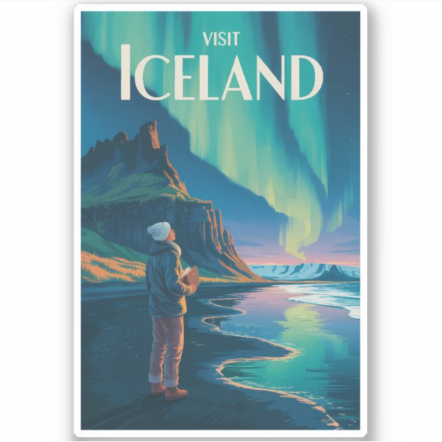 Sticker Iceland Northern Lights Illustration Travel Art Vi (Devant)