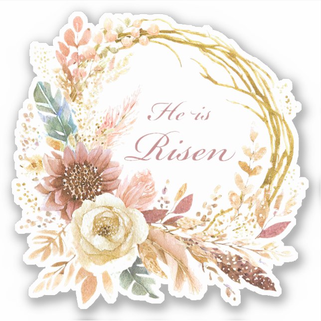 Sticker Il est ressuscité couronne florale bohème Pâques (Devant)