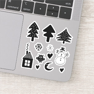 Sticker Il fait froid dehors Snowman Trees Coeurs B/W