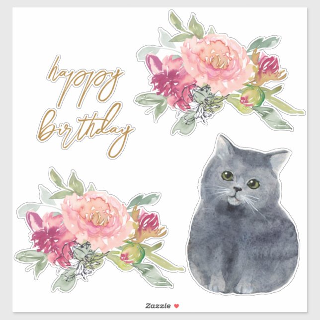 Sticker Illustration de chat d'amour Joyeux anniversaire F (Feuille)