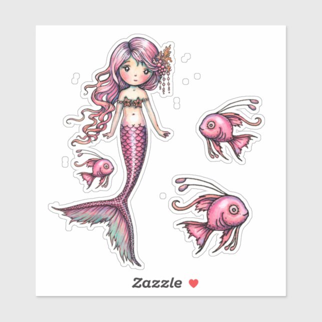 Sticker Illustration de la petite sirène rose et du poisso (Feuille)