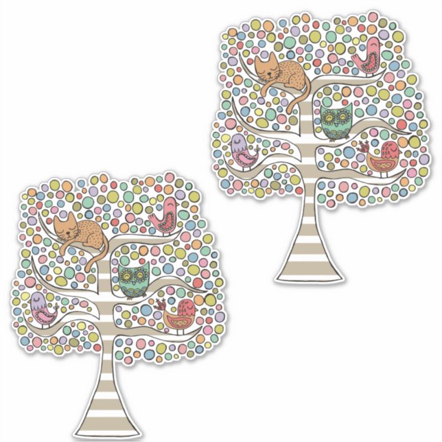 Sticker Illustration de l'arbre animal Peinture Oiseaux Ch (Devant)