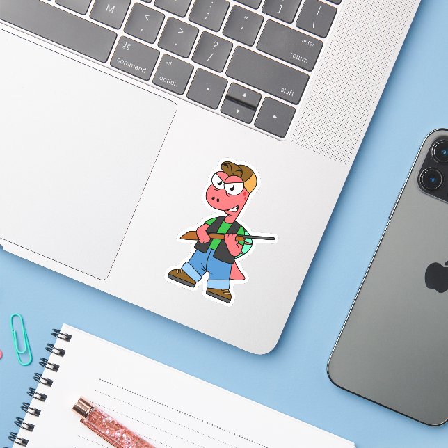 Sticker Illustration D'Un Chasseur De Spinosaure Avec Arme (Ordinateur portable avec iPhone)