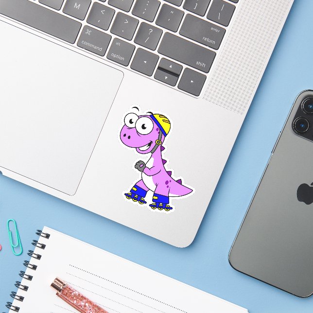 Sticker Illustration D'Un Tyrannosaurus Rex De Patinage. (Ordinateur portable avec iPhone)