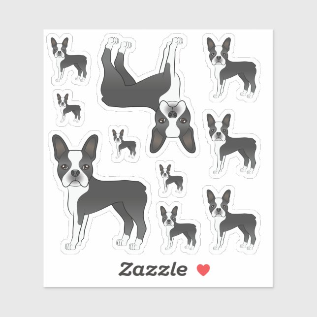 Sticker Illustrations De Chien Terrier De Boston Noir Et B (Feuille)