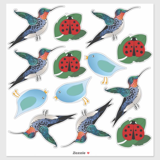 Sticker Illustrations de coccinelle d'oiseau-colibri (Feuille)