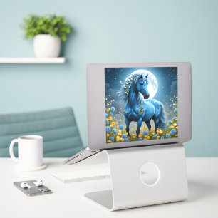 Sticker Imaginaire Bleu Magique Cheval Lune Fleurs,