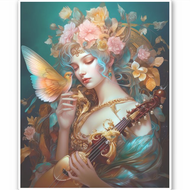 Sticker Imaginaire Lady Avec Lute & Butterfly Bird (Devant)