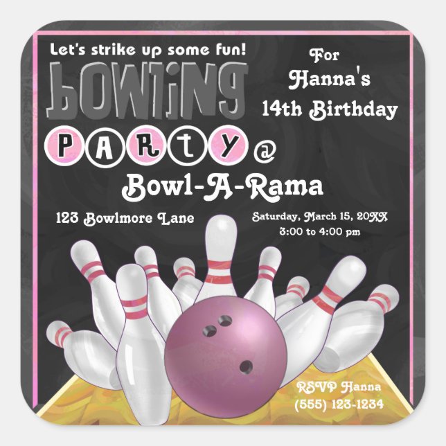 Sticker Invitation de la partie de Bowling rose (Devant)