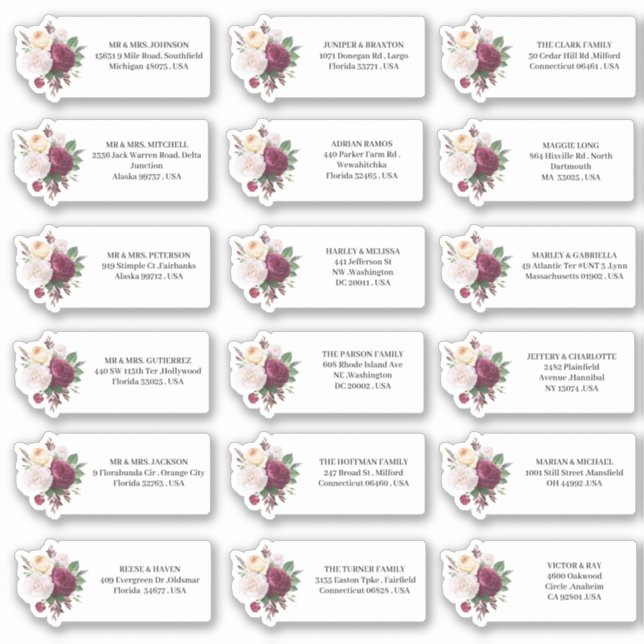 Sticker Invitations de mariage Bourgogne Adresse florale (Devant)