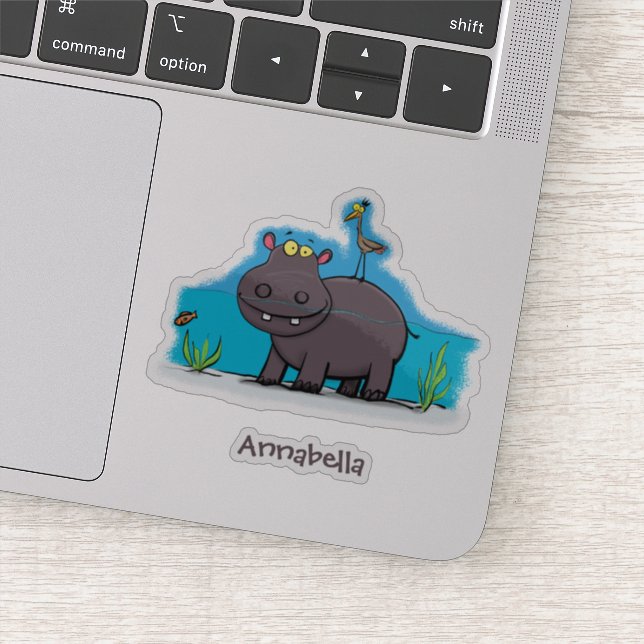 Sticker Ippopotame drôle mignon avec dessin animé d'oiseau (Détail)