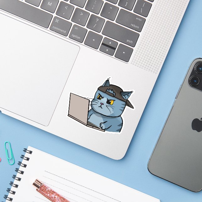 Sticker IT Cat. (Ordinateur portable avec iPhone)