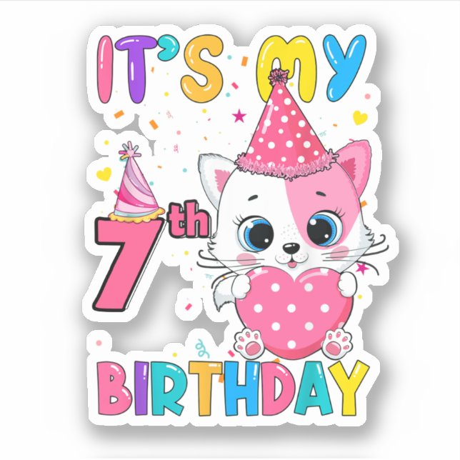 Sticker It's My 7th Birthday Girl Funny Cat (Devant)