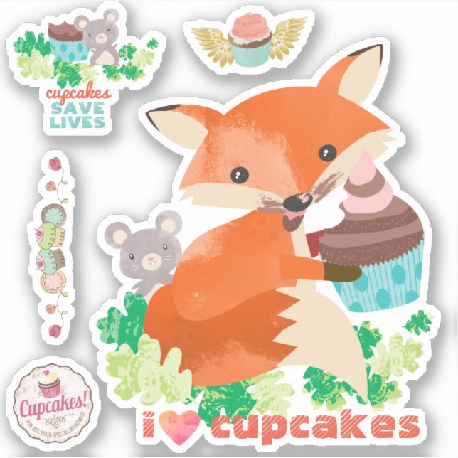 Sticker J'aime les cupcakes mignon souris renard visage de (Devant)