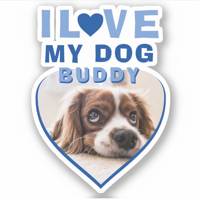 Sticker J'aime mon chien Blue Heart Photo Nom de l'animal (Devant)