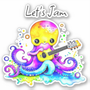 Sticker Jam   Octopus Jouer Guitare Acoustique
