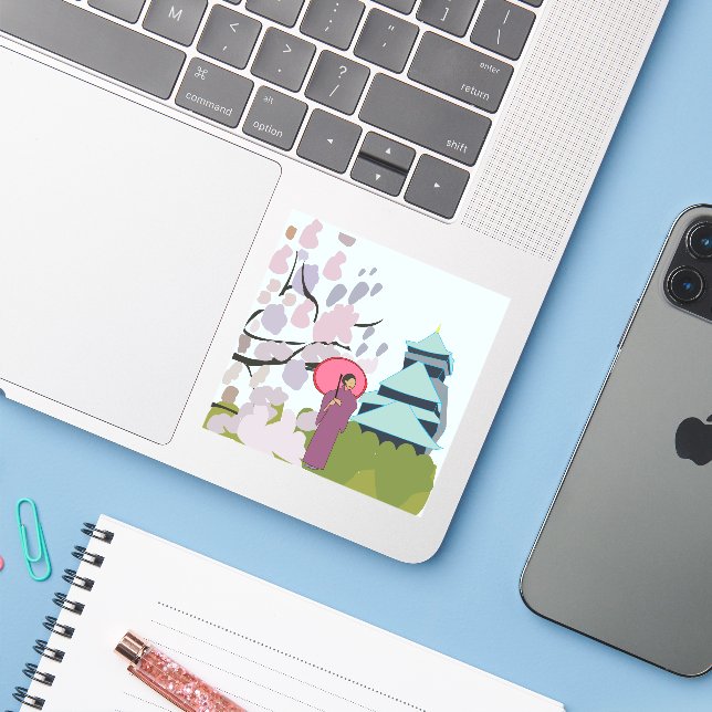 Sticker Japon Cherry Blossom Geisha Kimono (Ordinateur portable avec iPhone)