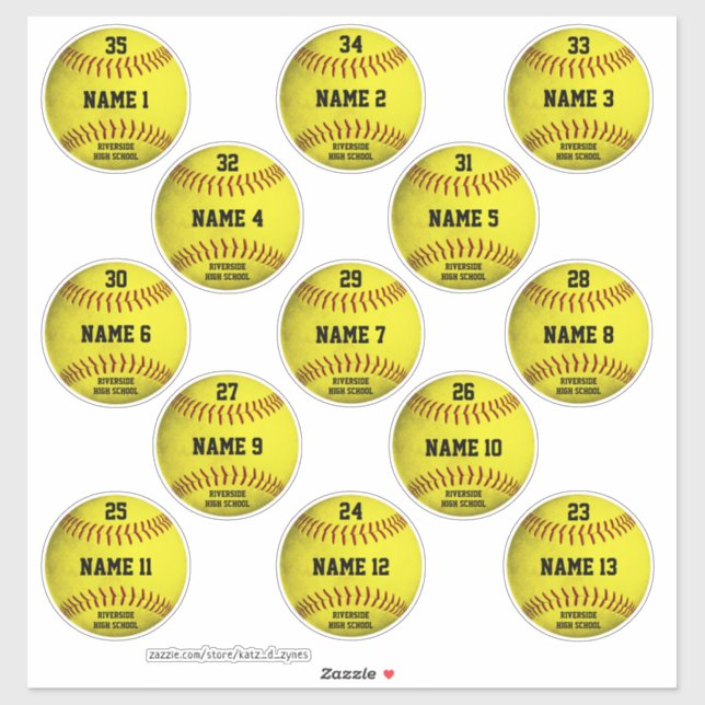 Sticker Jaune de softballs personnalisés ensemble de noms  (Feuille)
