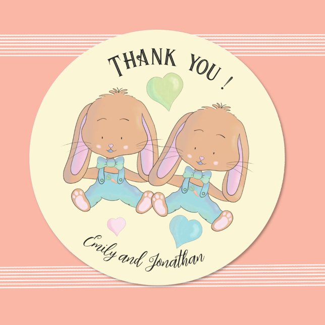 Sticker Jaune Merci de printemps Twin Bunnies (Watercolor twin bunnies spring baby shower thank you sticker .
)