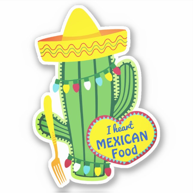 Sticker Je coeur cuisine mexicaine cactus sombrero fourche (Devant)