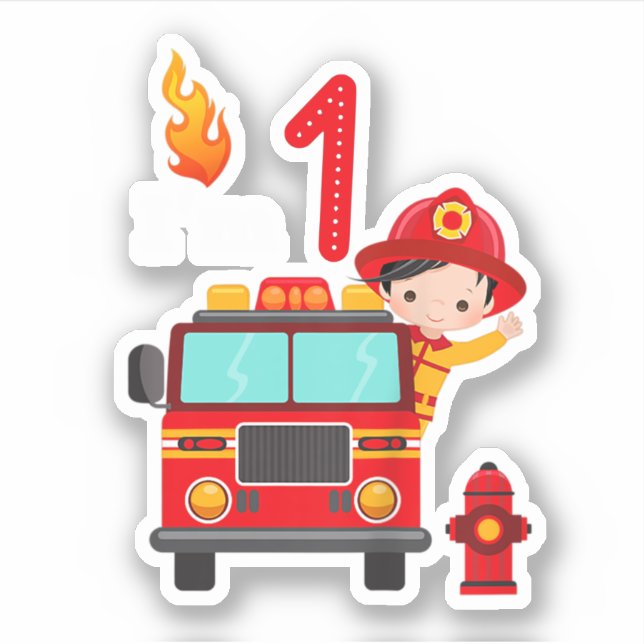 Sticker Je suis 1er anniversaire Boy Fire Engine Truck Tod (Devant)